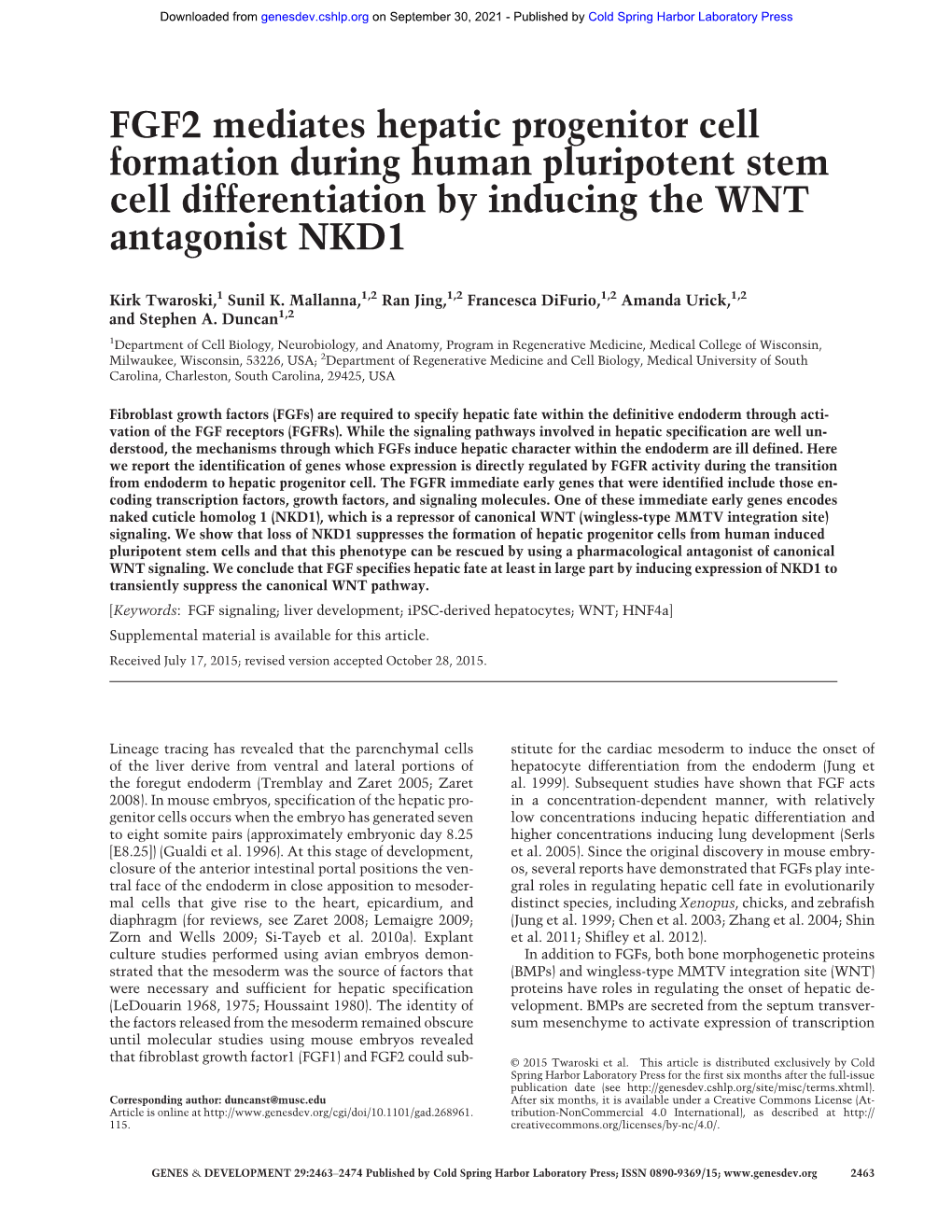 FGF2 Mediates Hepatic Progenitor Cell Formation During Human Pluripotent Stem Cell Differentiation by Inducing the WNT Antagonist NKD1