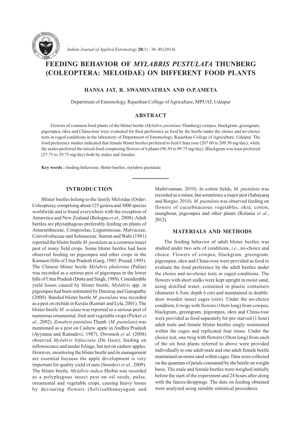 Feeding Behavior of Mylabris Pustulata Thunberg (Coleoptera: Meloidae) on Different Food Plants