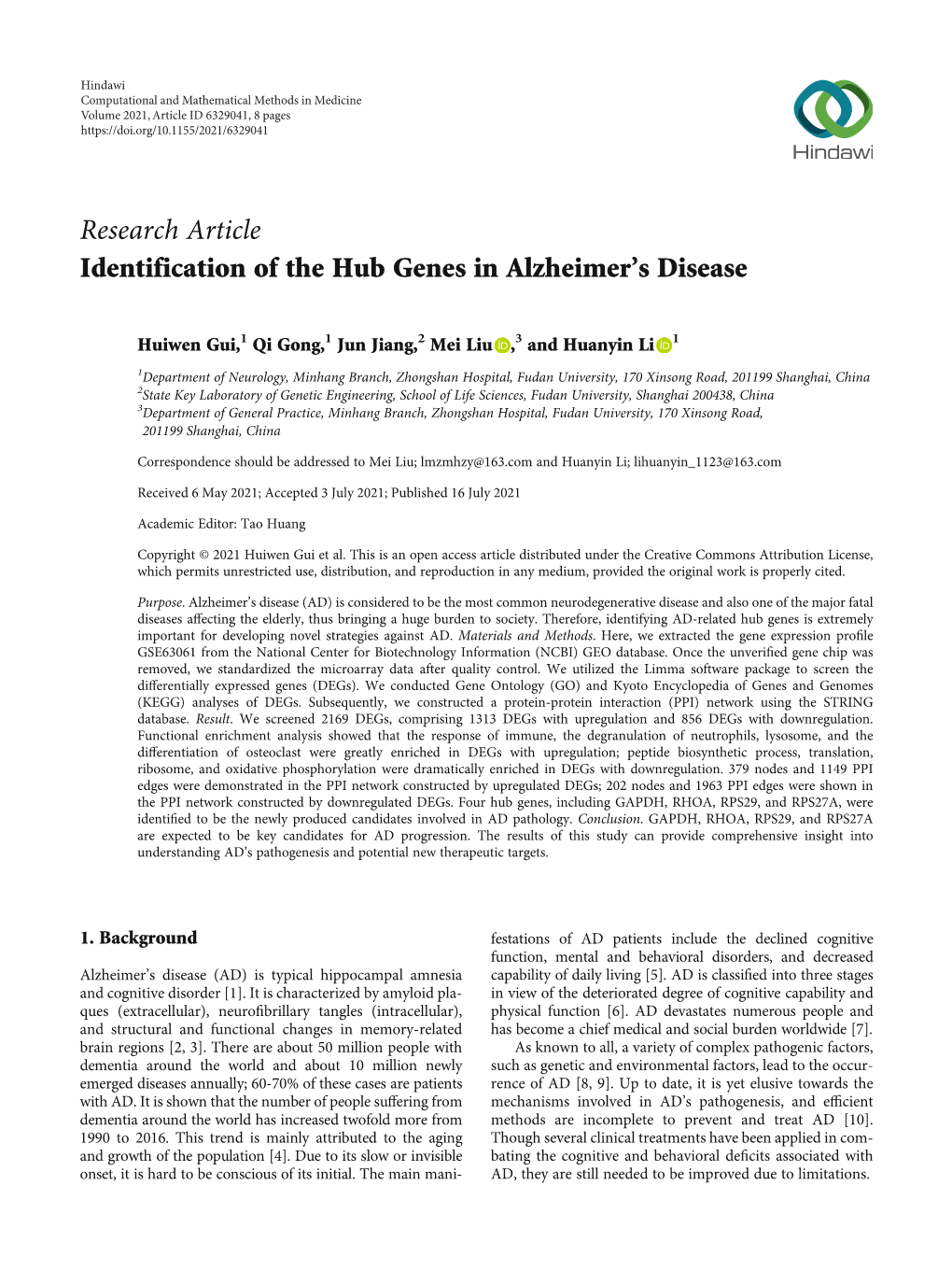 Identification of the Hub Genes in Alzheimer's Disease