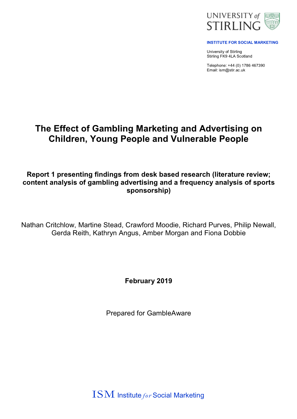 Literature Review; Content Analysis of Gambling Advertising and a Frequency Analysis of Sports Sponsorship)