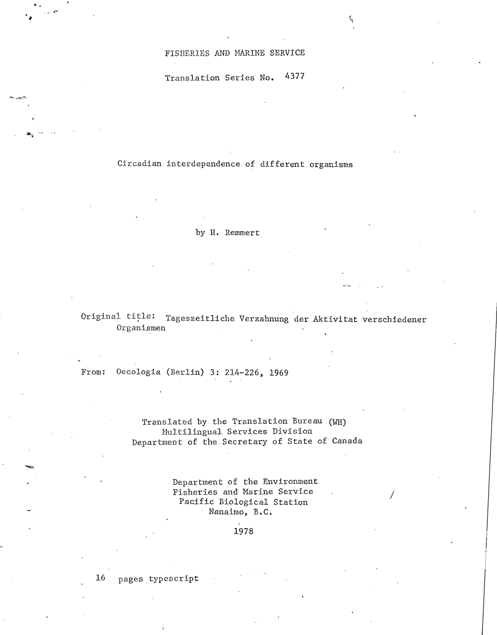 FISHERIES and MARINE SERVICE Circadian Interdependence Of