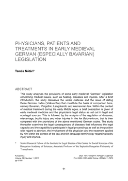 1Physicians, Patients and Treatments in Early Medieval German (Especially Bavarian) Legislation