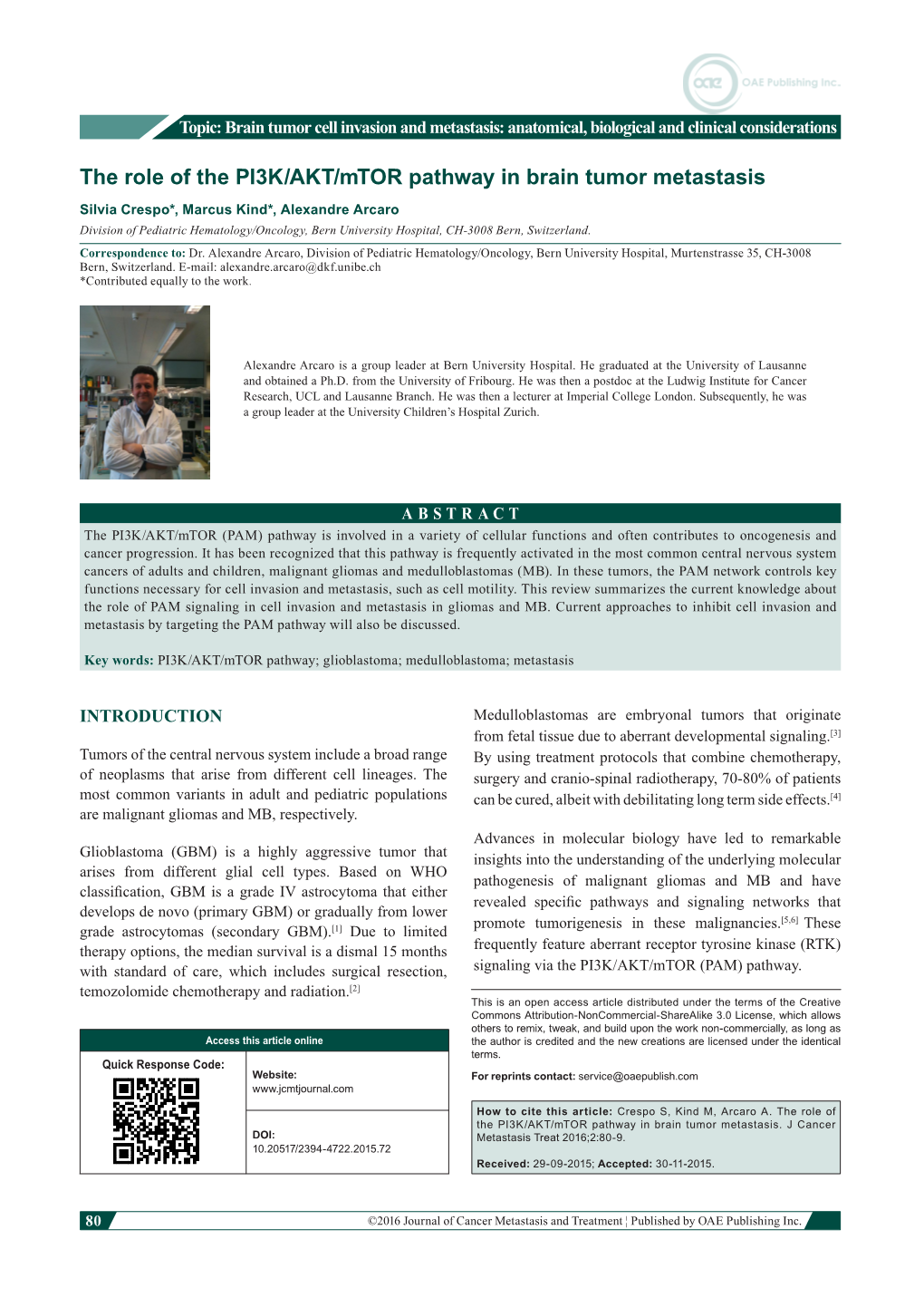 The Role of the PI3K/AKT/Mtor Pathway in Brain Tumor Metastasis