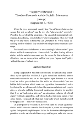 “Equality of Reward”: Theodore Roosevelt and the Socialist Movement [Excerpt] (September 5, 1908)