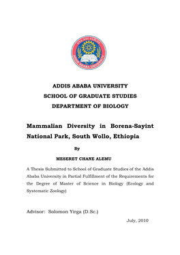 Mammalian Diversity in Borena-Sayint National Park, South Wollo, Ethiopia