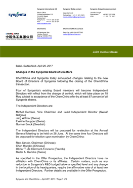 Changes in the Syngenta Board of Directors Chemchina And