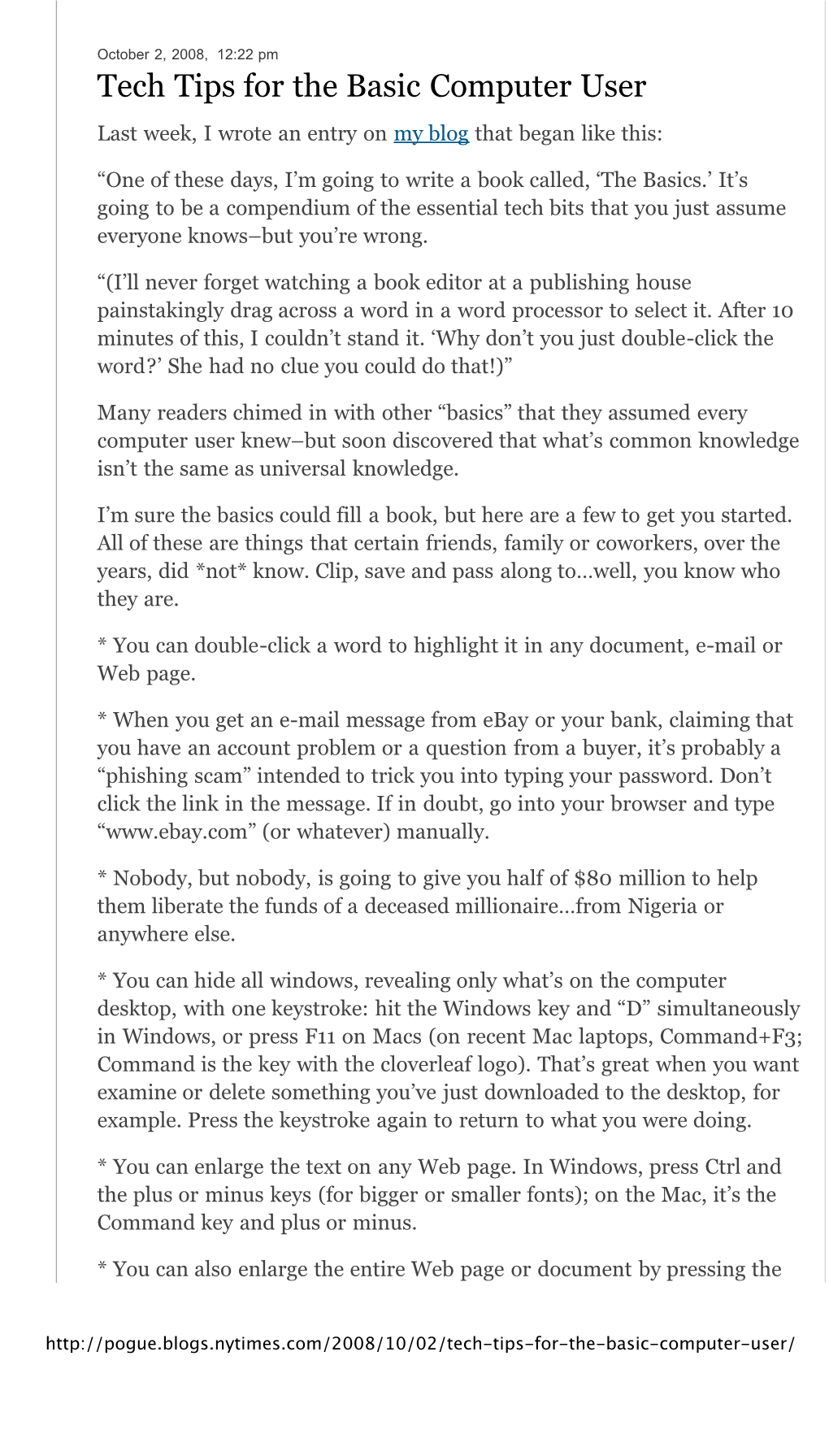 Tech Tips for the Basic Computer User - Pogue’S Posts - Technology - New York Times Blog 10/8/08 9:09 AM