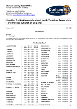 Handlist 7 – Northumberland and North Yorkshire Transcripts and Indexes (Church of England)
