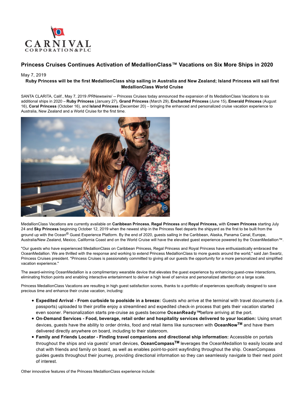 Princess Cruises Continues Activation of Medallionclass™ Vacations on Six More Ships in 2020