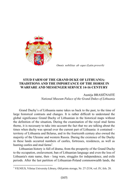 Stud Farm of the Grand Duke of Lithuania: Traditions and the Importance of the Horse in Warfare and Messenger Service 14-16 Century
