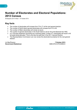 Number of Electorates and Electoral Populations: 2013 Census Embargoed Until 10:45Am – 07 October 2013