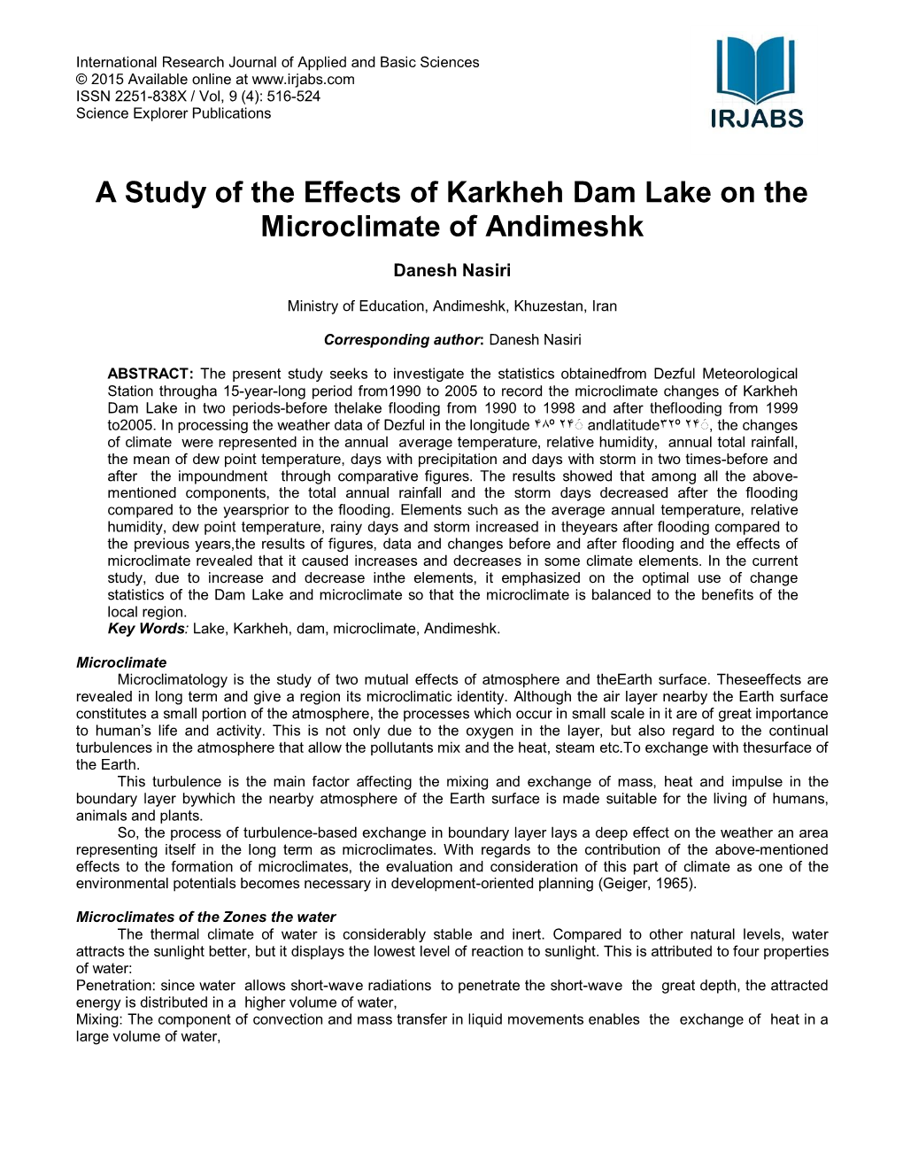 A Study of the Effects of Karkheh Dam Lake on the Microclimate of Andimeshk