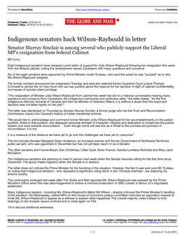 Indigenous Senators Back Wilson-Raybould in Letter