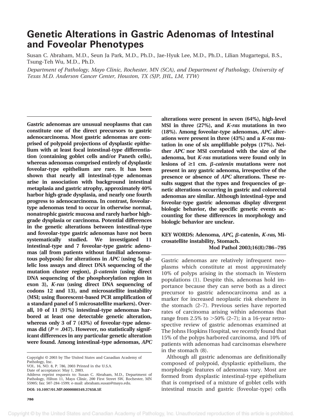 Genetic Alterations in Gastric Adenomas of Intestinal and Foveolar Phenotypes Susan C