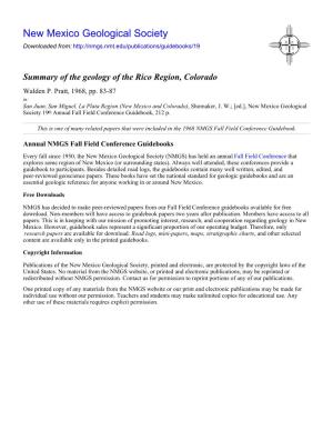 Summary of the Geology of the Rico Region, Colorado Walden P