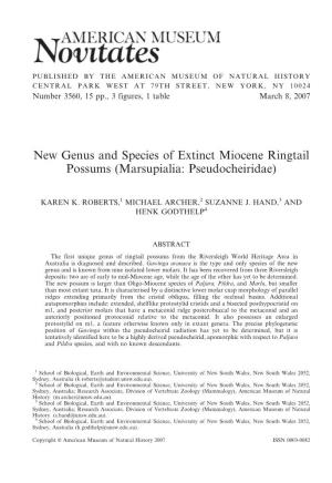 New Genus and Species of Extinct Miocene Ringtail Possums (Marsupialia: Pseudocheiridae)