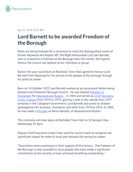 Lord Barnett to Be Awarded Freedom of the Borough