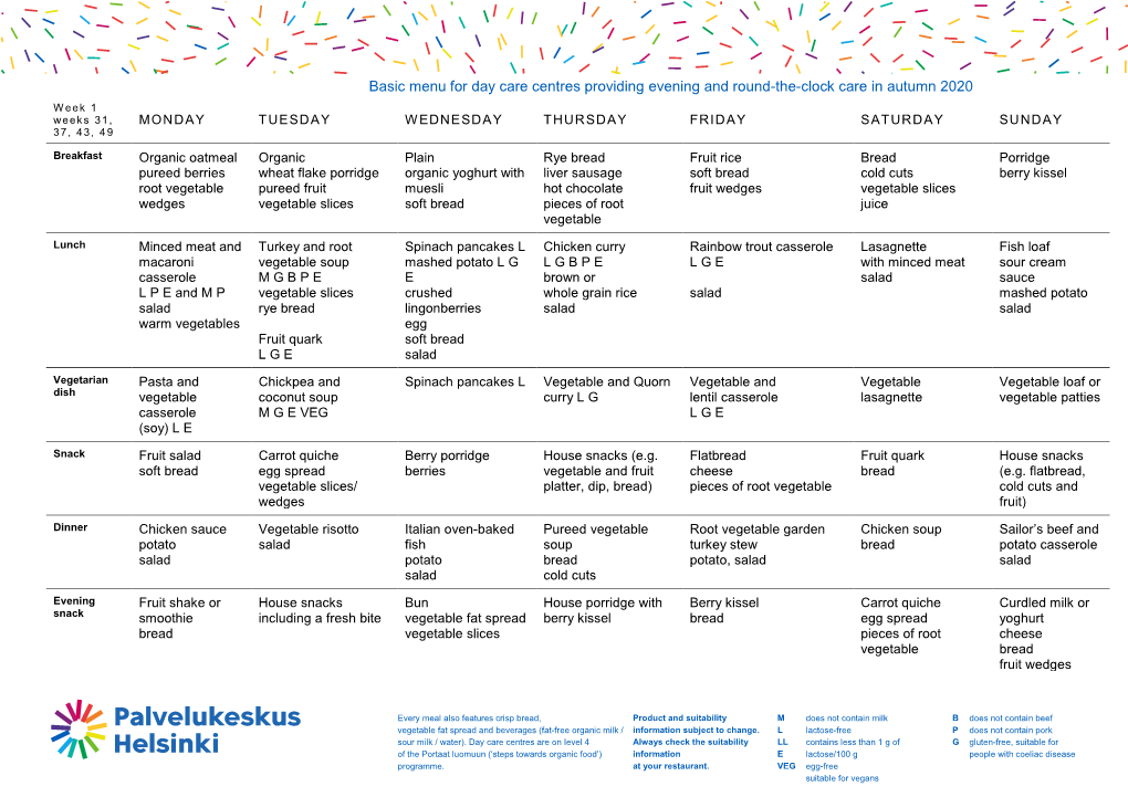 Basic Menu for Day Care Centres Providing Evening and Round-The