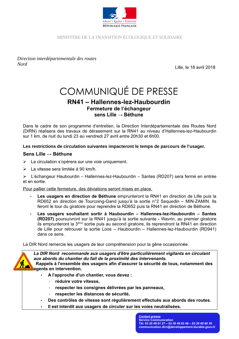 COMMUNIQUÉ DE PRESSE RN41 – Hallennes-Lez-Haubourdin Fermeture De L’Échangeur Sens Lille → Béthune