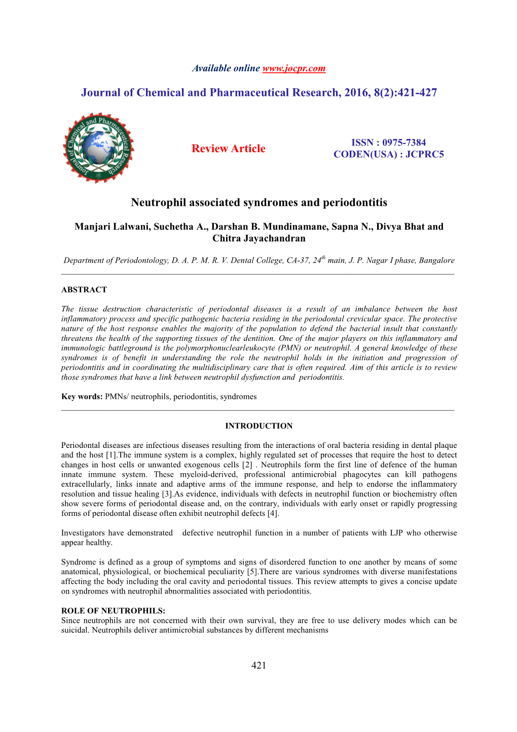 421-427 Review Article Neutrophil Associated Syndromes and Perio