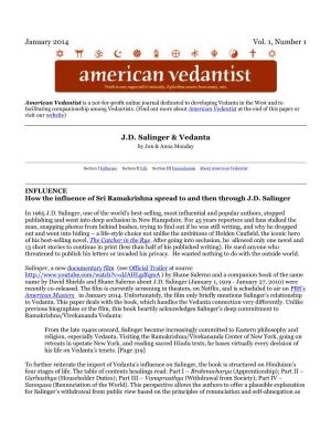 January 2014 Vol. 1, Number 1 J.D. Salinger & Vedanta