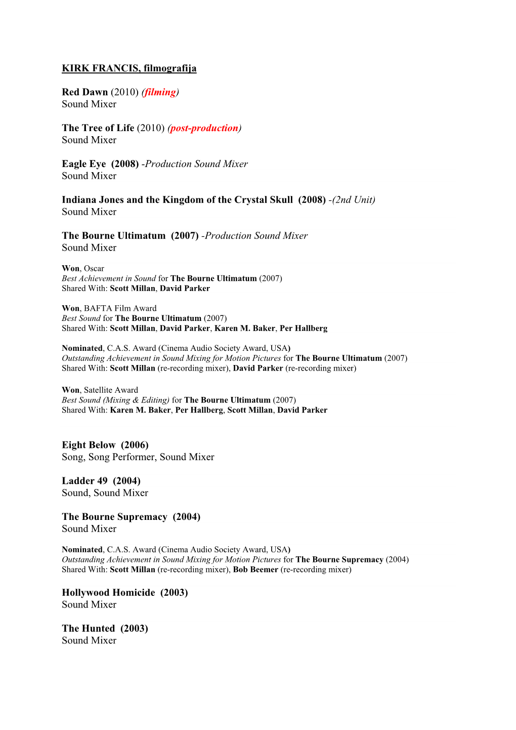 KIRK FRANCIS, Filmografija Red Dawn (2010) (Filming) Sound Mixer the Tree of Life (2010) (Post-Production) Sound Mixer Eagle