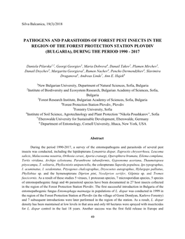 Pathogens and Parasitoids of Forest Pest Insects in the Region of the Forest Protection Station Plovdiv (Bulgaria), During the Period 1990 - 2017