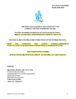 Invites Tenders on Behalf of State Bank of India, Rbo-Iv Azamgarh, Administrative Office Varanasi