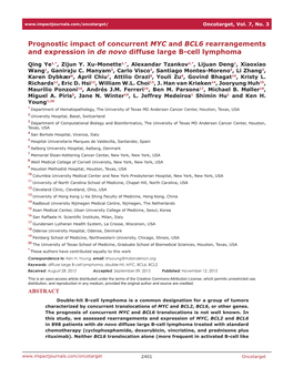 Prognostic Impact of Concurrent MYC and BCL6 Rearrangements and Expression in De Novo Diffuse Large B-Cell Lymphoma