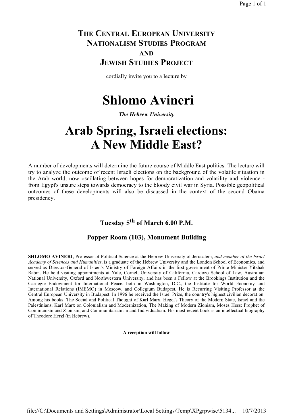 Shlomo Avineri the Hebrew University Arab Spring, Israeli Elections: a New Middle East?