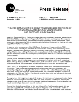 Theatre Communications Group Announces 2009 Recipients of the Nea/Tcg Career Development Program for Directors and Designers