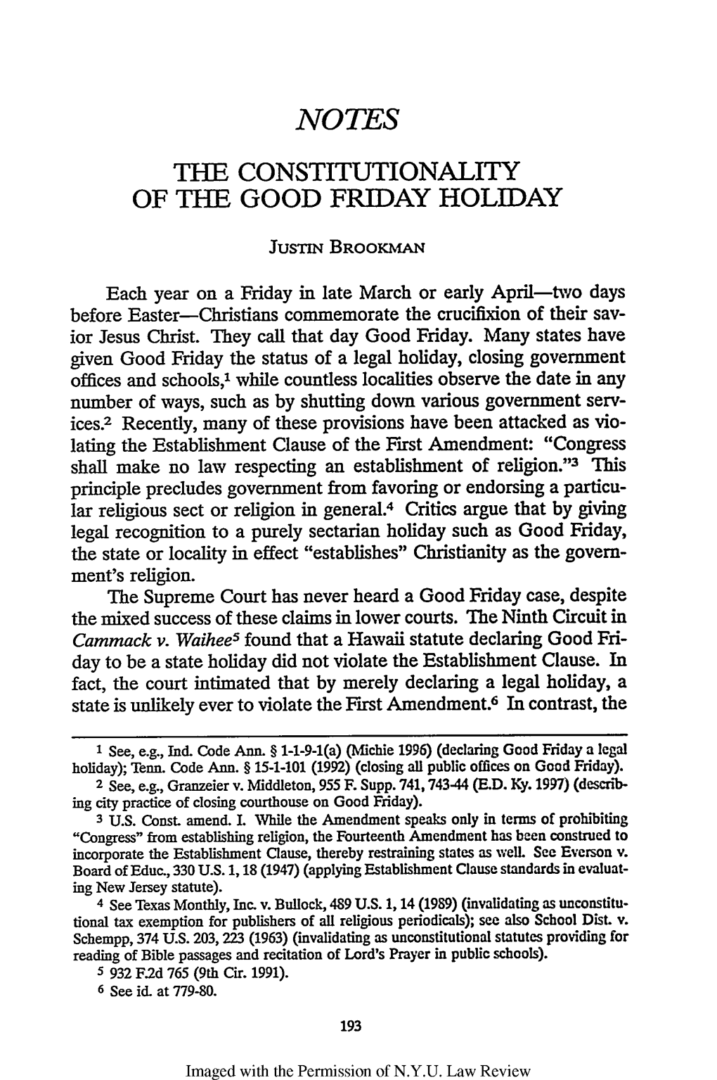 Constitutionality of the Good Friday Holiday