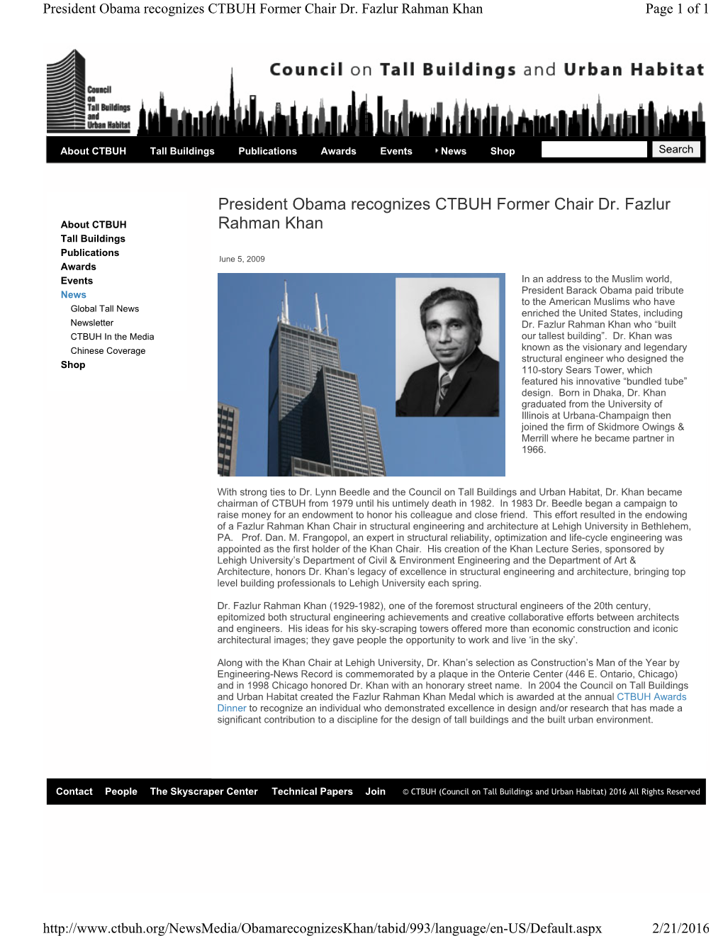 President Obama Recognizes CTBUH Former Chair Dr. Fazlur Rahman Khan Page 1 of 1