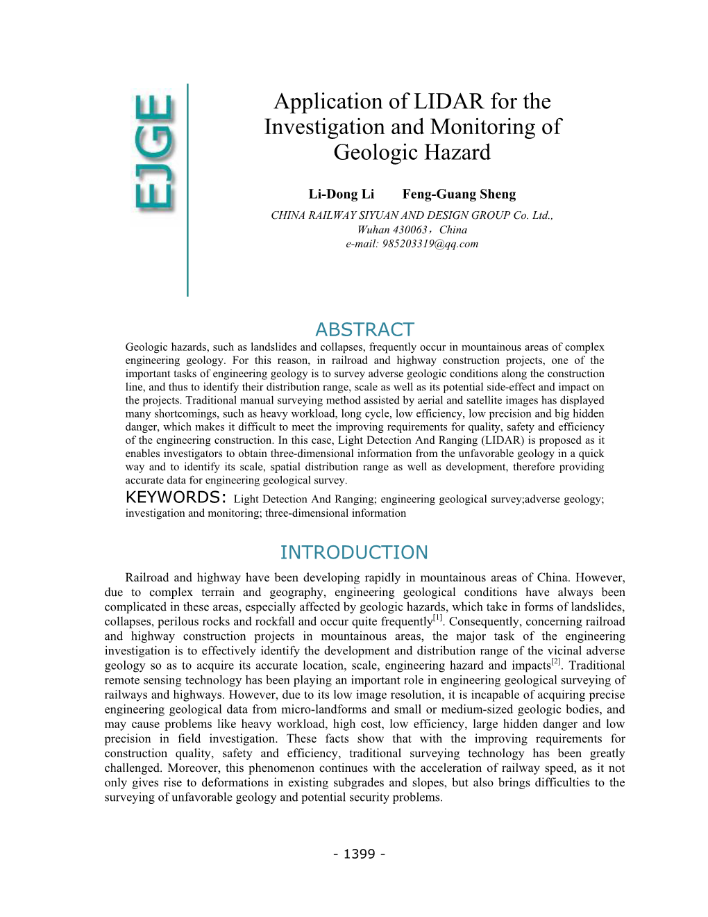 Application of LIDAR for the Investigation and Monitoring of Geologic Hazard