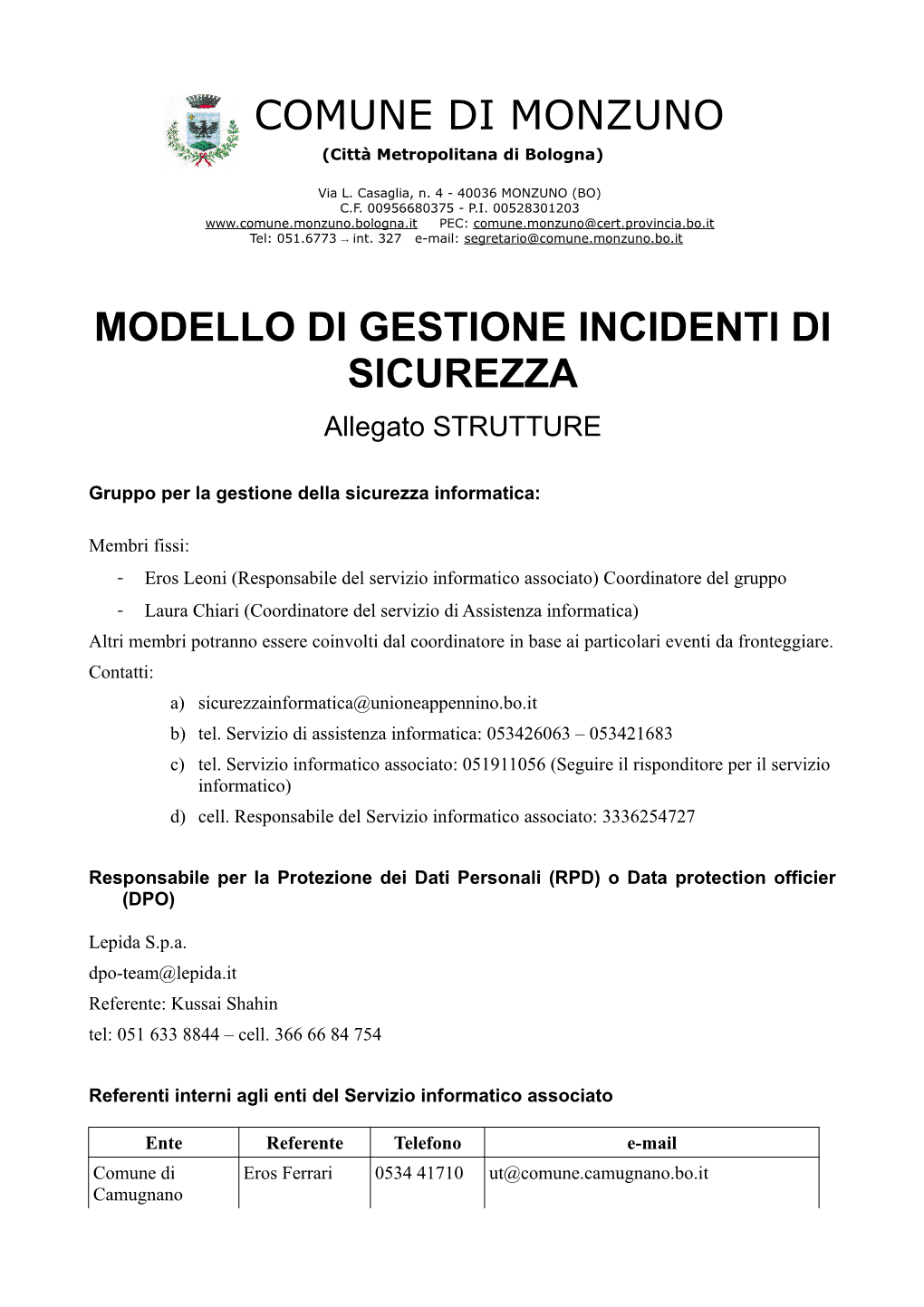 Comune Di Monzuno Modello Di Gestione Incidenti Di Sicurezza