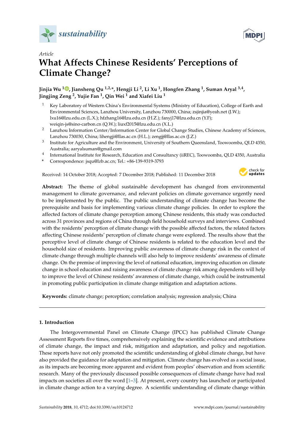 What Affects Chinese Residents' Perceptions of Climate Change?