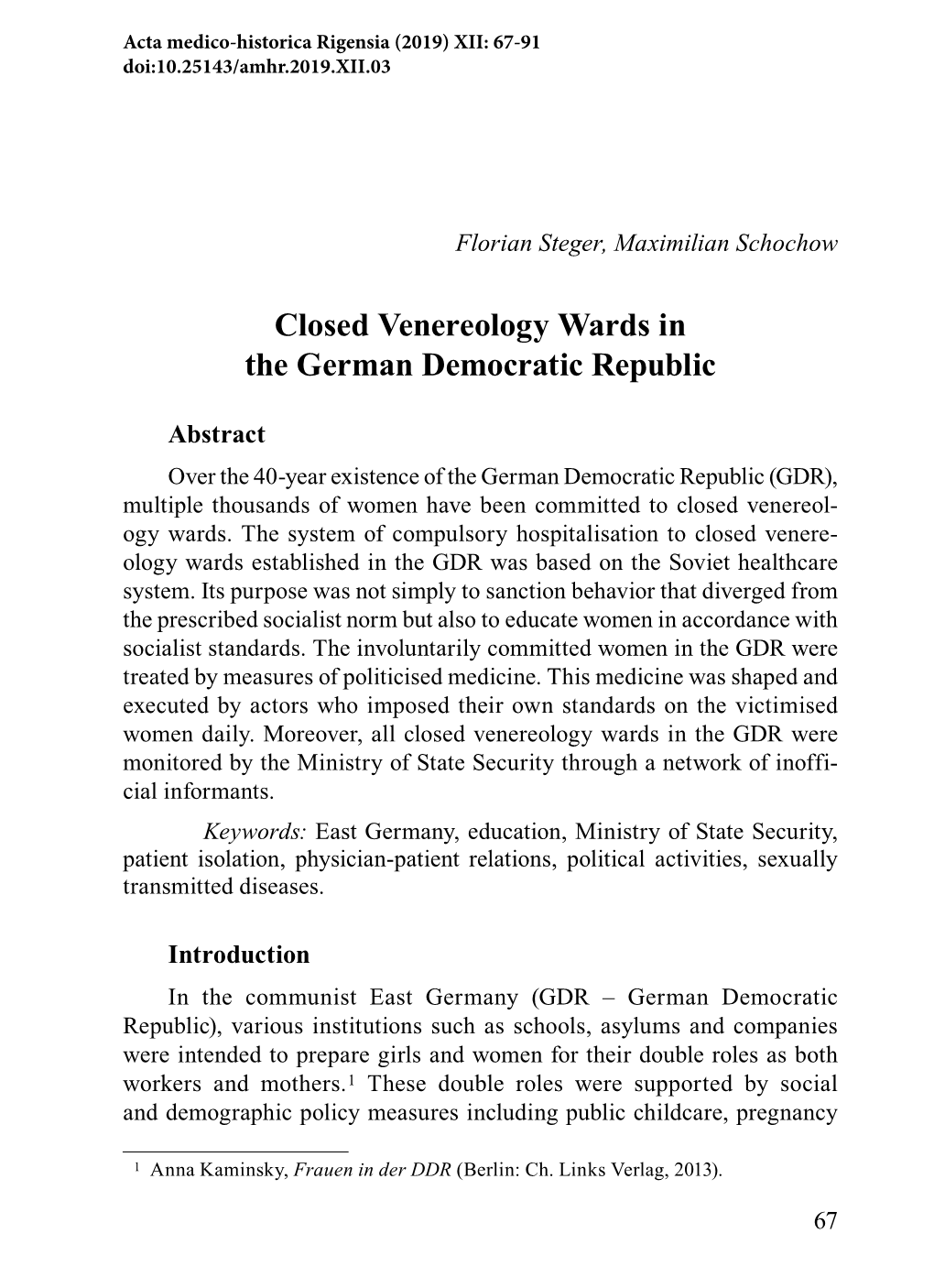 Closed Venereology Wards in the German Democratic Republic