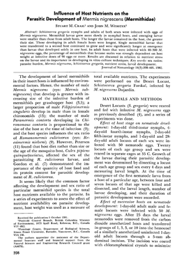 Influence of Host Nutrients on the Parasitic Development of Mermis Nigrescens (Mermithidae) STUART ~'~