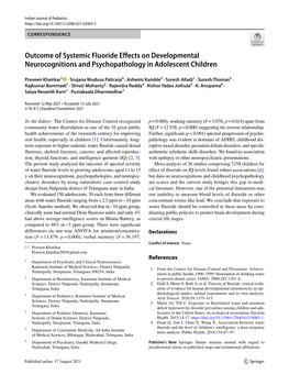 Outcome of Systemic Fluoride Effects on Developmental Neurocognitions and Psychopathology in Adolescent Children