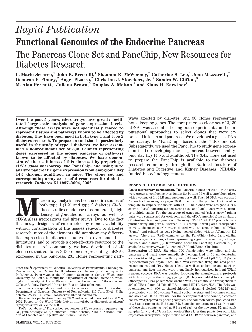 Rapid Publication Functional Genomics of the Endocrine Pancreas the Pancreas Clone Set and Pancchip, New Resources for Diabetes Research L