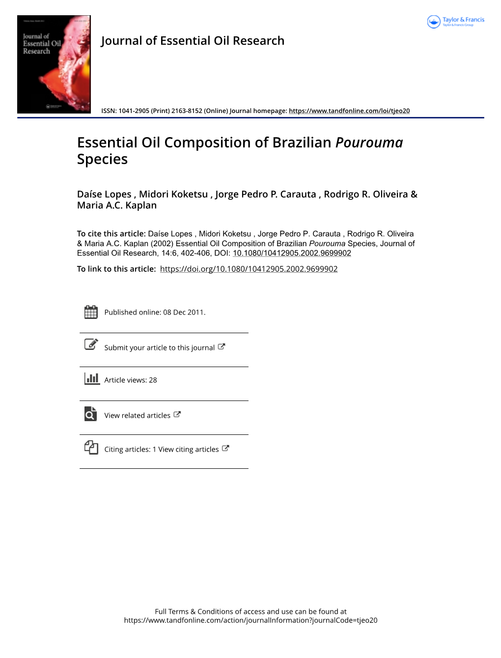 Essential Oil Composition of Brazilian Pourouma Species