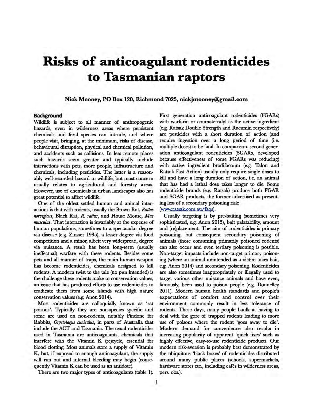 Risks of Anticoagulant Rodenticides to Tasmanian Raptors