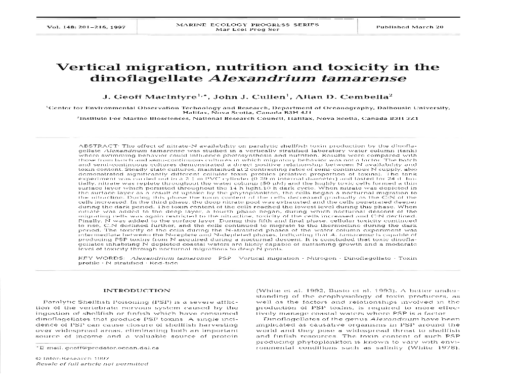 Vertical Migration, Nutrition and Toxicity in the Dinoflagellate Alexandriumtamarense