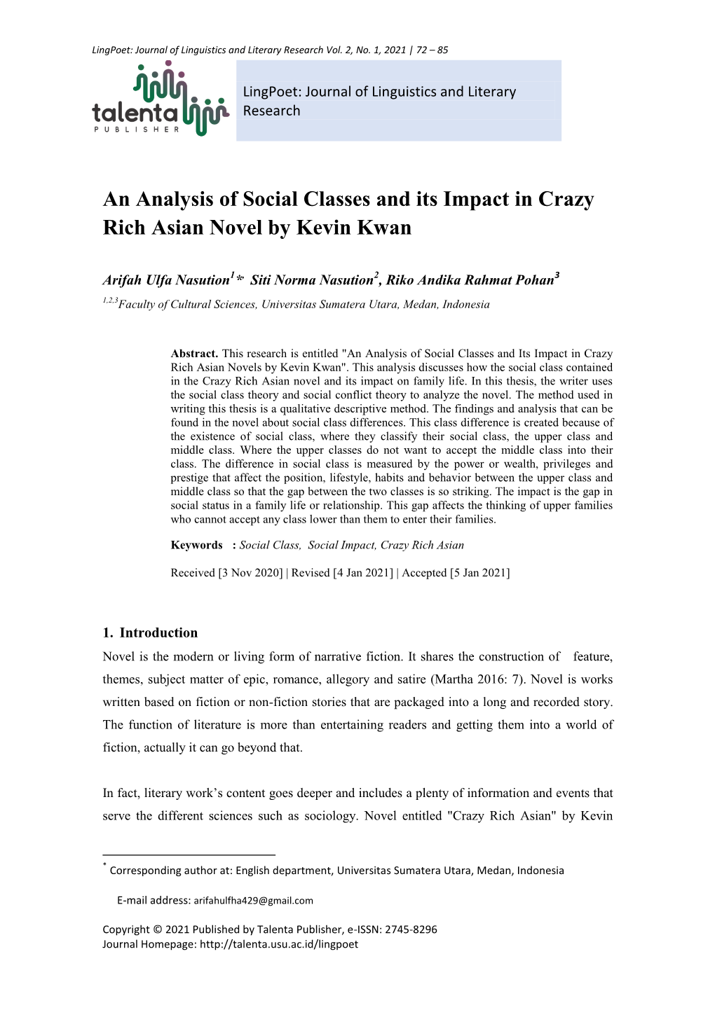 An Analysis of Social Classes and Its Impact in Crazy Rich Asian Novel by Kevin Kwan