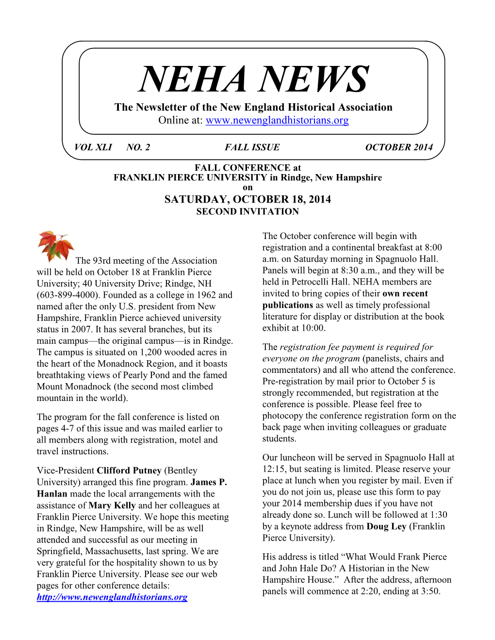 NEHA NEWS the Newsletter of the New England Historical Association