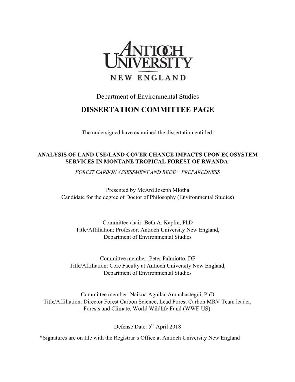 Dissertation Committee Page