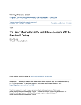 The History of Agriculture in the United States Beginning with the Seventeenth Century
