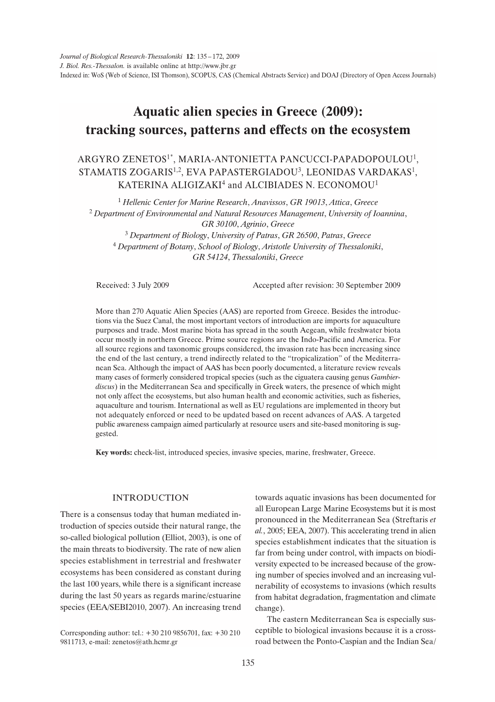 Aquatic Alien Species in Greece (2009): Tracking Sources, Patterns and Effects on the Ecosystem