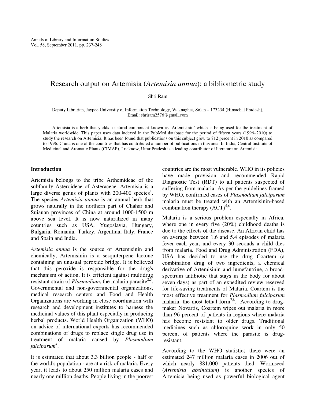 (Artemisia Annua): a Bibliometric Study