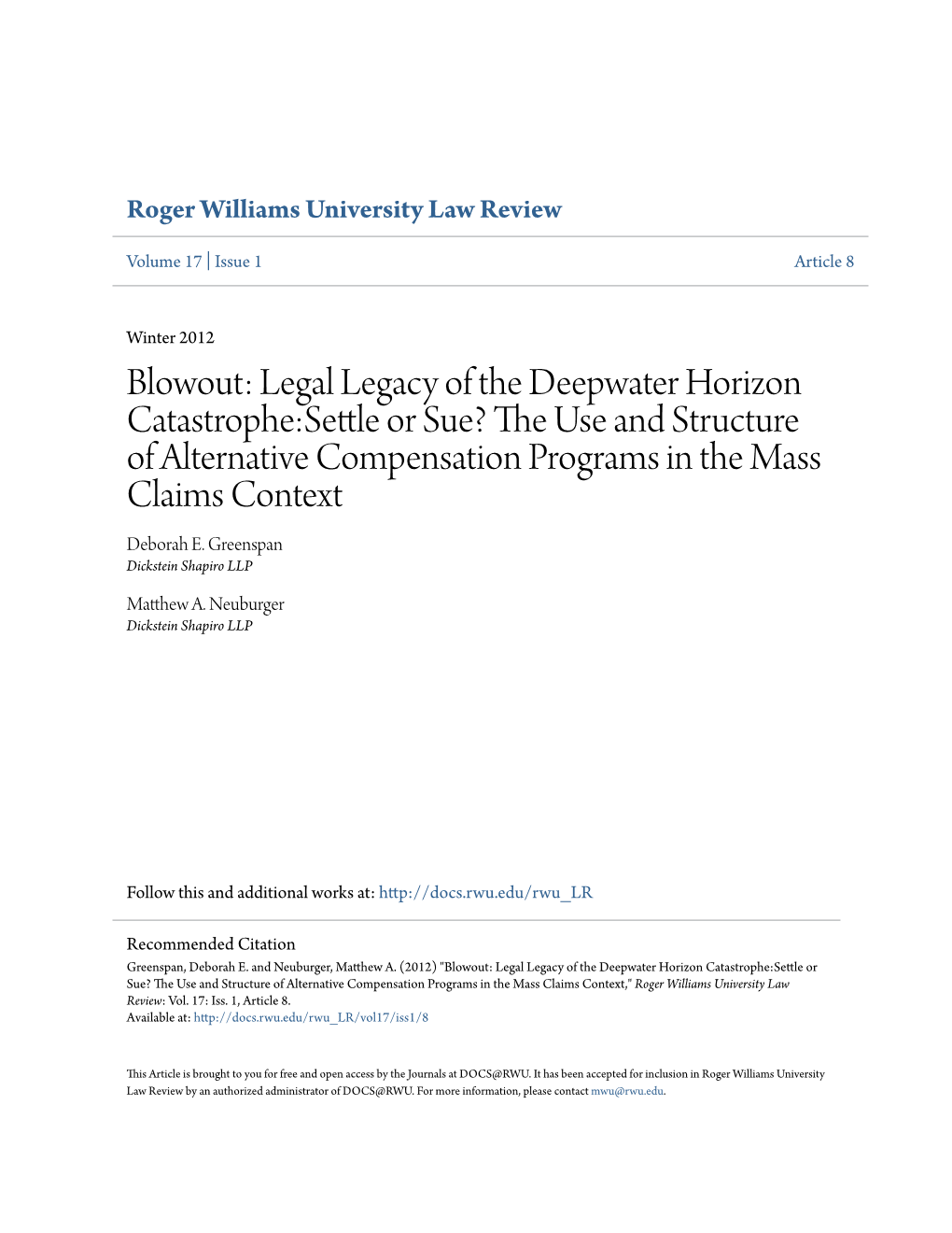 Legal Legacy of the Deepwater Horizon Catastrophe:Settle Or Sue?